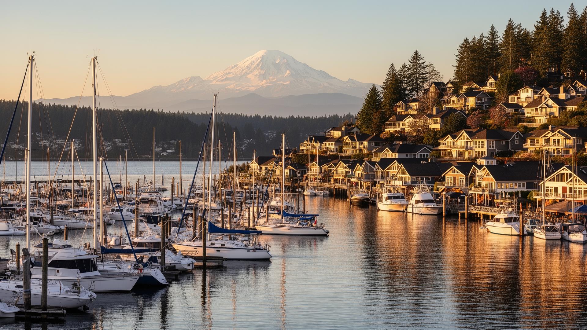 Gig Harbor marina with sailboats and Mount Rainier in the distance