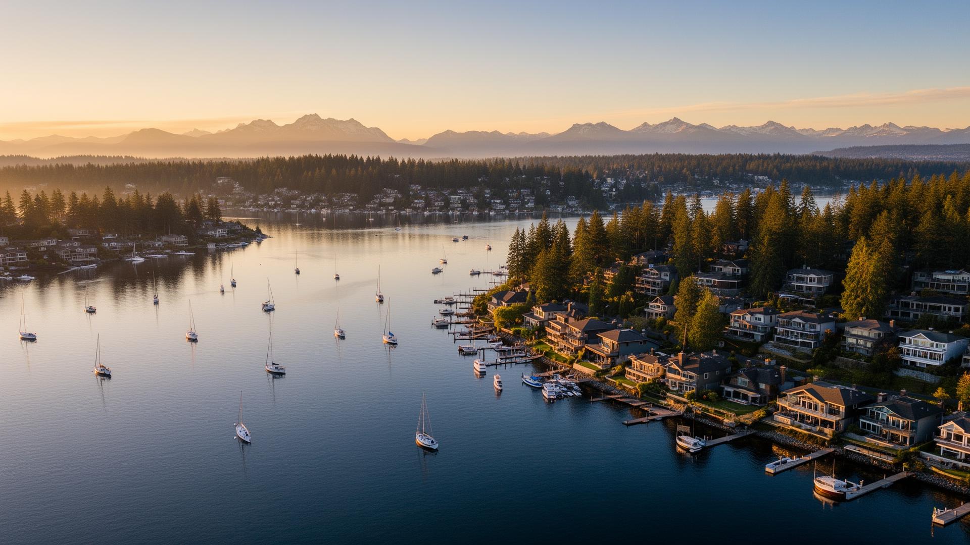 Aerial view of Gig Harbor at golden hour