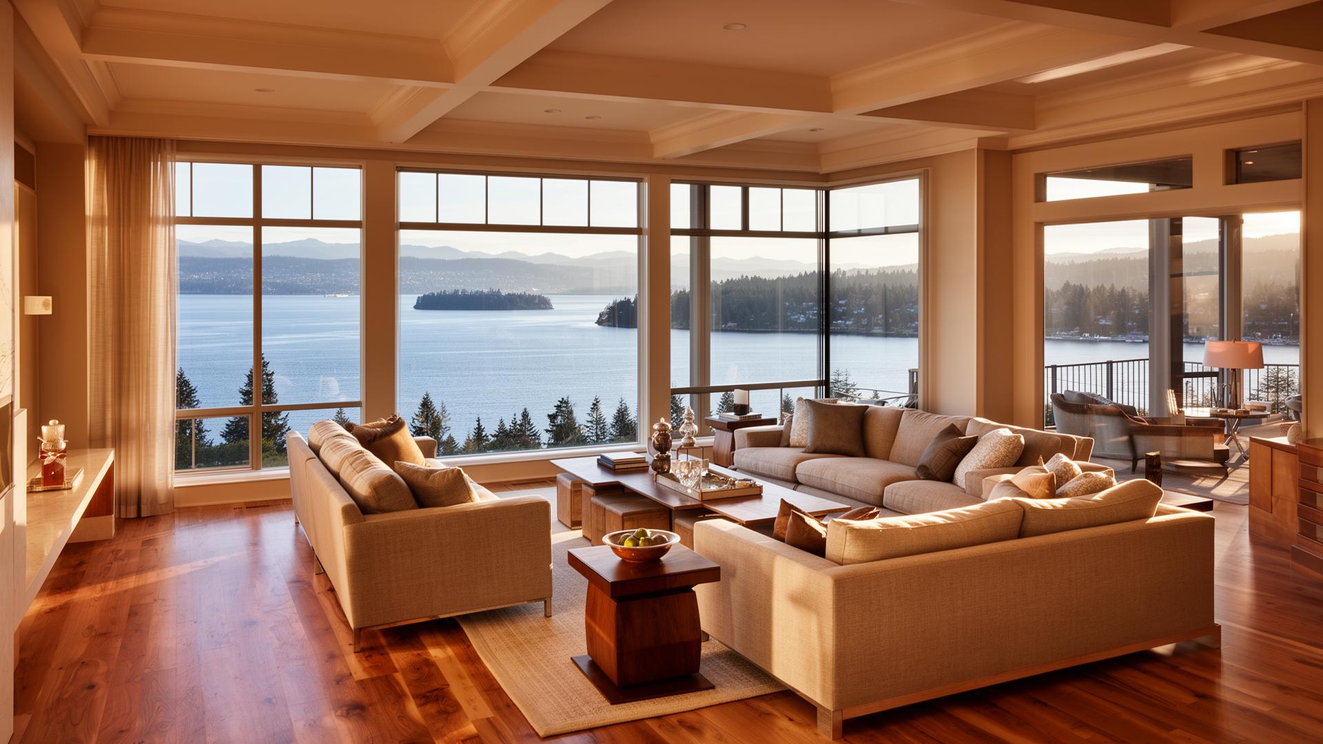 Luxury Pacific Northwest home interior with water views
