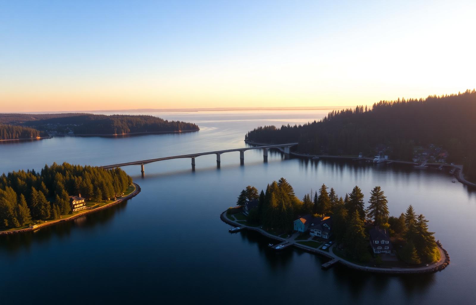 Aerial view of Fox Island bridge connecting to Gig Harbor