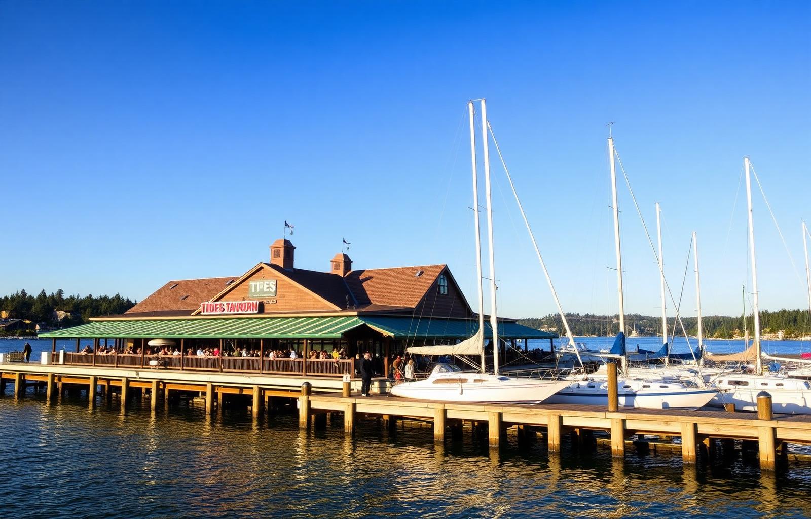 The Tides Tavern on the Gig Harbor waterfront with sailboats moored alongside