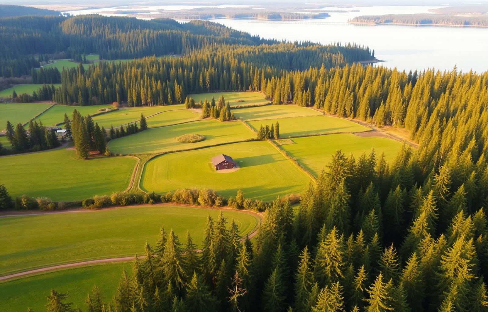 Key Peninsula rolling pastures meeting Puget Sound shoreline