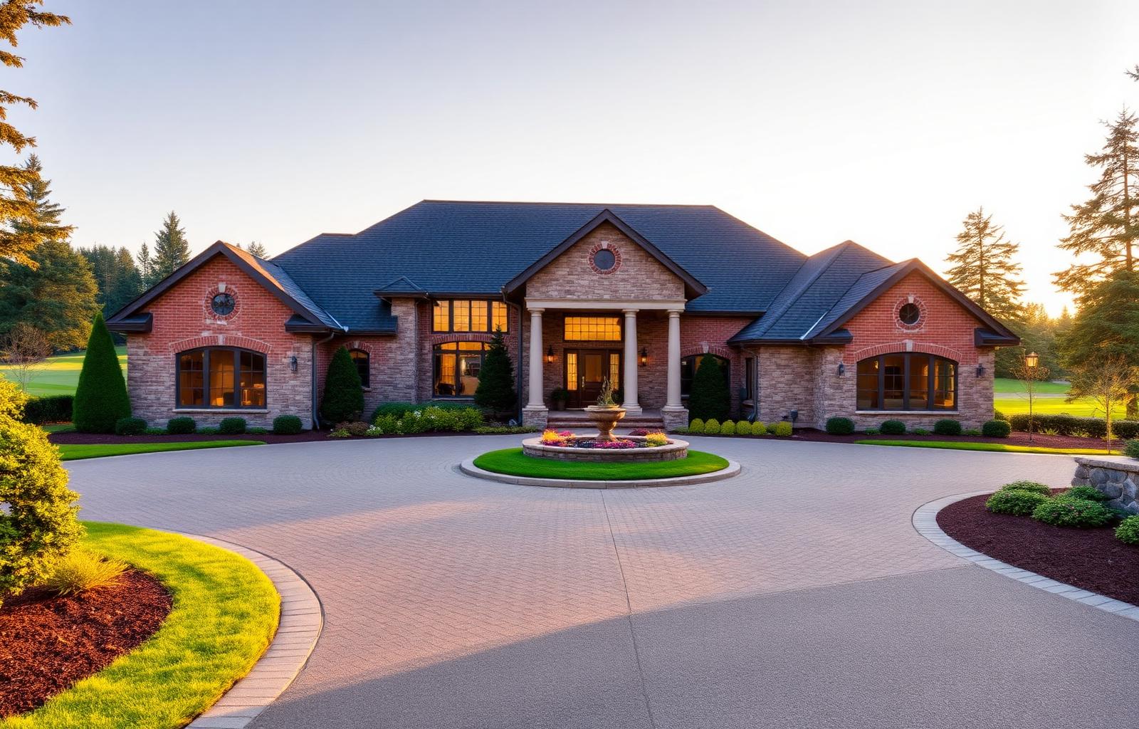 Stately brick and stone estate in Canterwood golf community at sunset