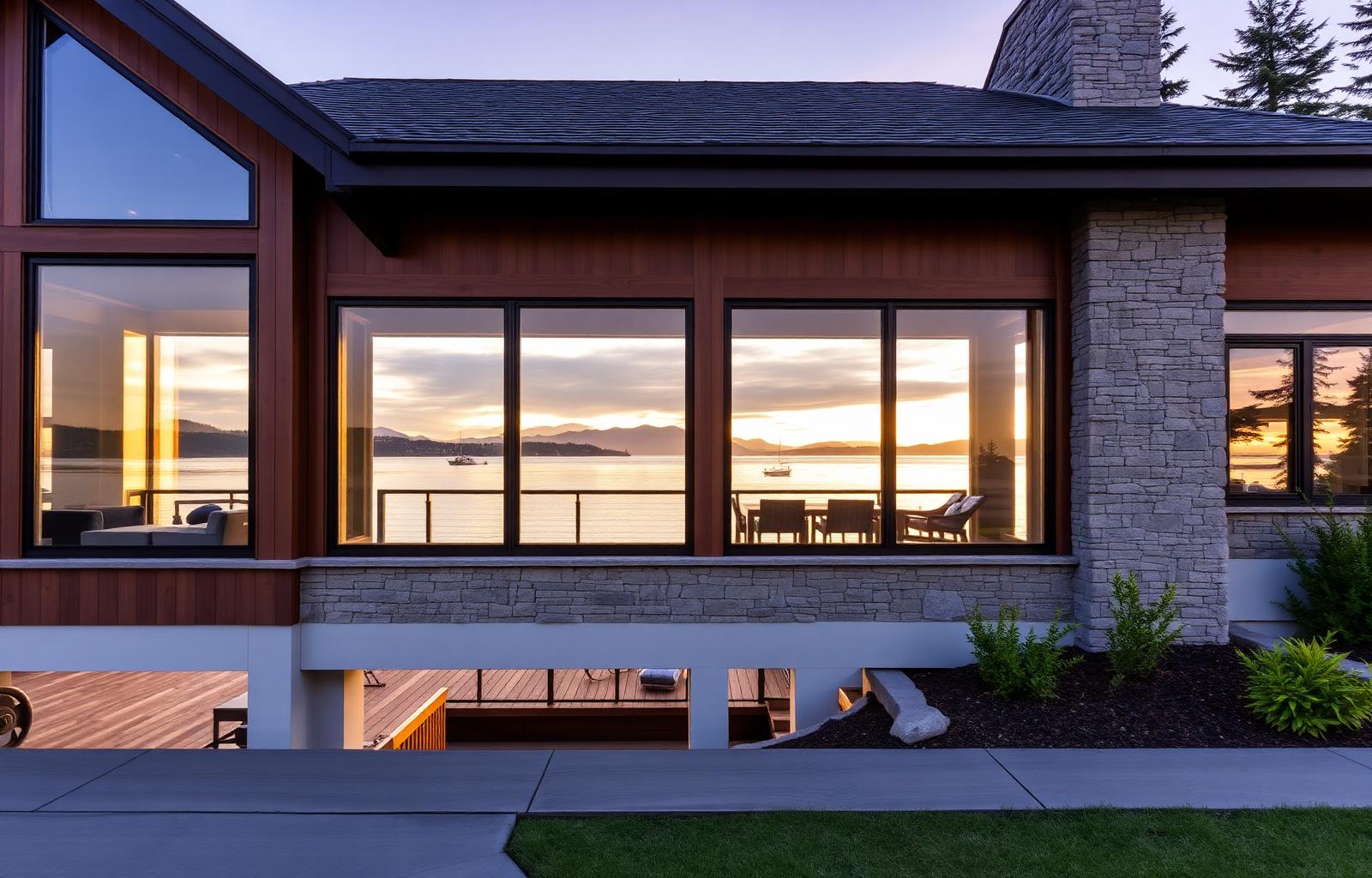 Contemporary waterfront estate on Fox Island with sunset water view through floor-to-ceiling windows