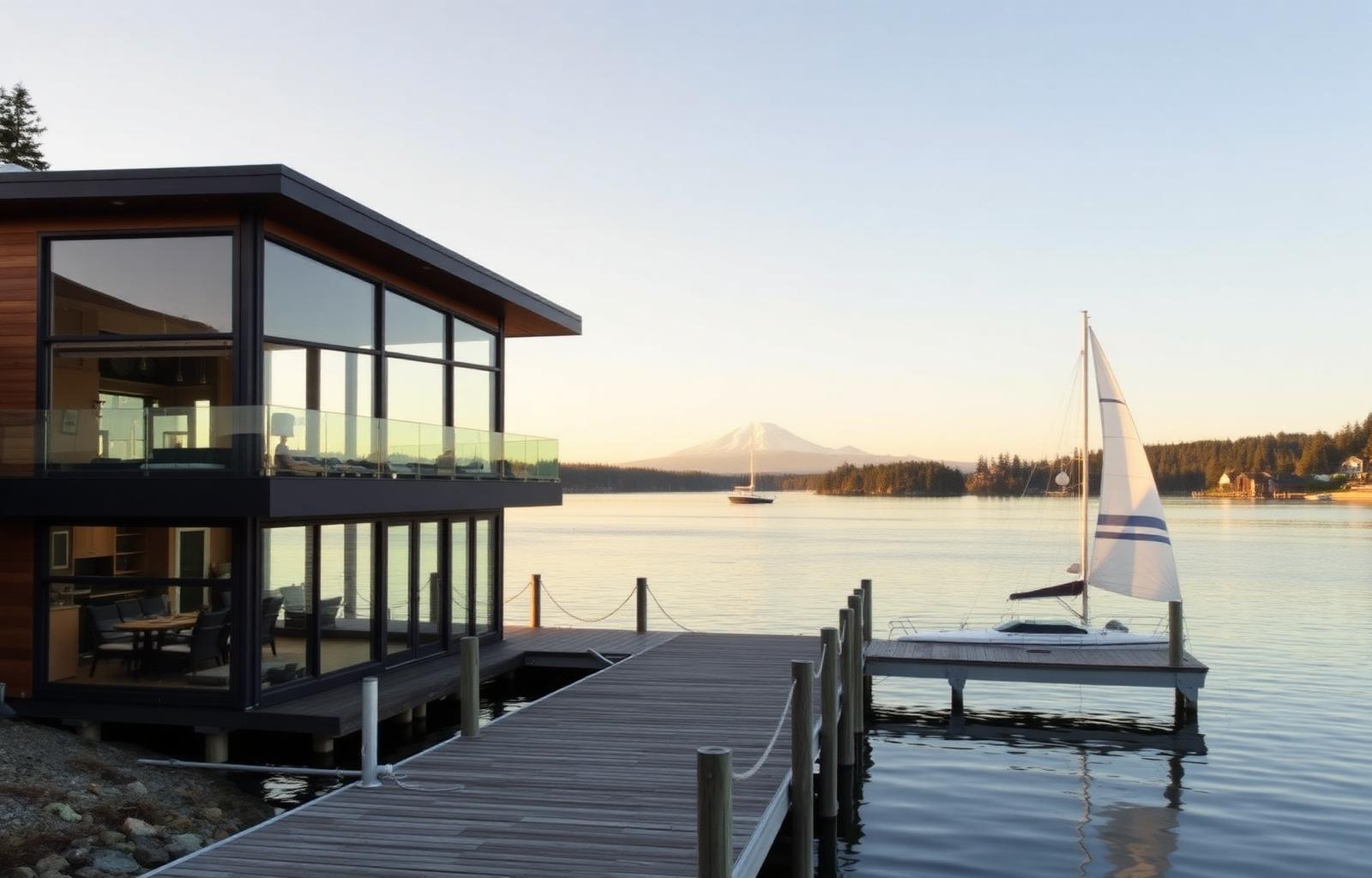 Modern waterfront home on Harborview Drive Gig Harbor with private dock and Mt Rainier view