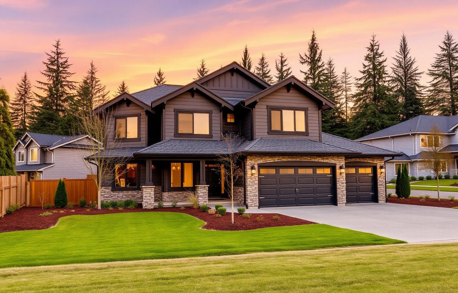Modern craftsman home in North Gig Harbor at sunset with three-car garage